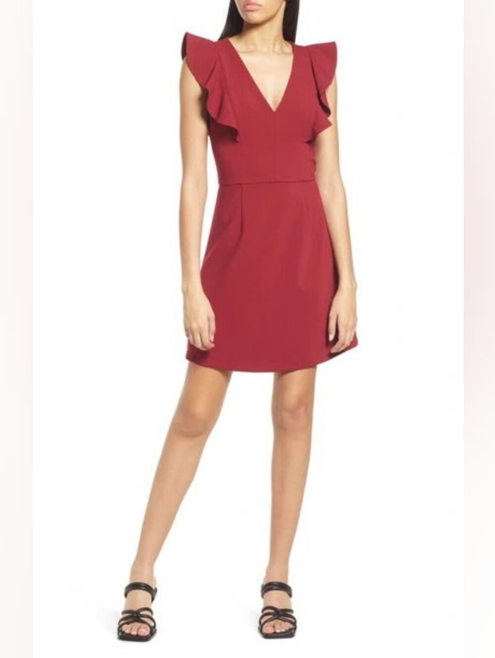 French Connection Whisper V-Neck Ruffle Dress Flutter Sleeve Berry Red Size 10